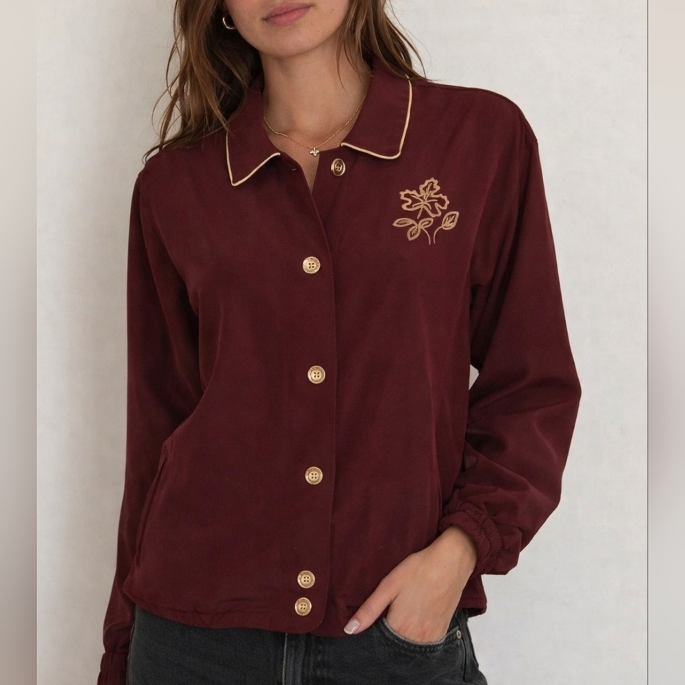 TAG 1980s Oxblood Gold Metallic Trim Zipper Preppy Long Sleeve Track Jacket